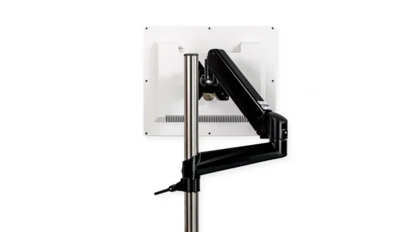 A black and white picture of a monitor arm